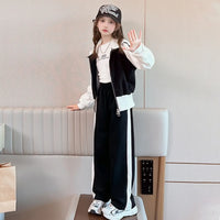 Girls Black Heart Printed Hooded Zipper Jacket With Pants set Sets