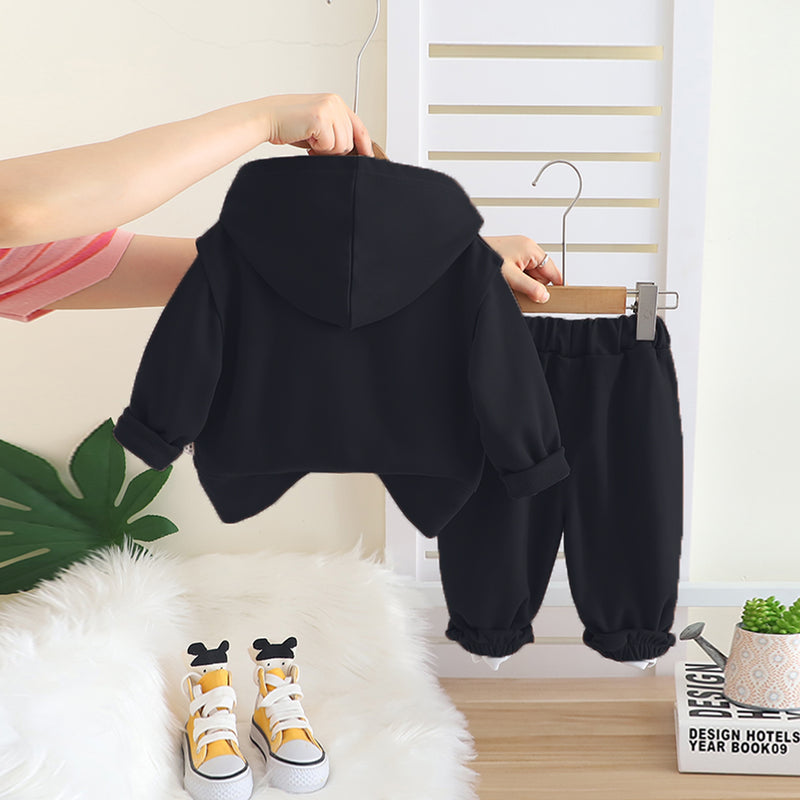 Boys Black Typographic Printed Hooded Sweatshirt With Sleeveless Jacket & Joggers Set Sets