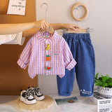 Boys Pink Stripes Fruits Applique Shirt With Denim Pants Set