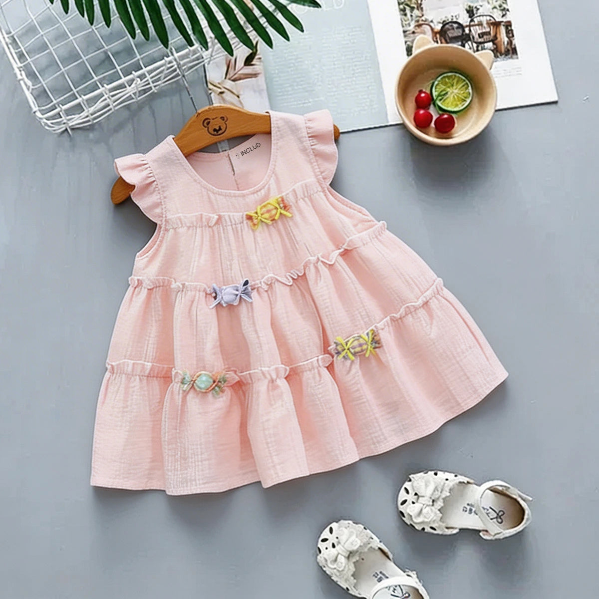 Girls Light Pink Candy Applique Tiered A-Line Dress Casual Dresses Light Pink 1-2 Y