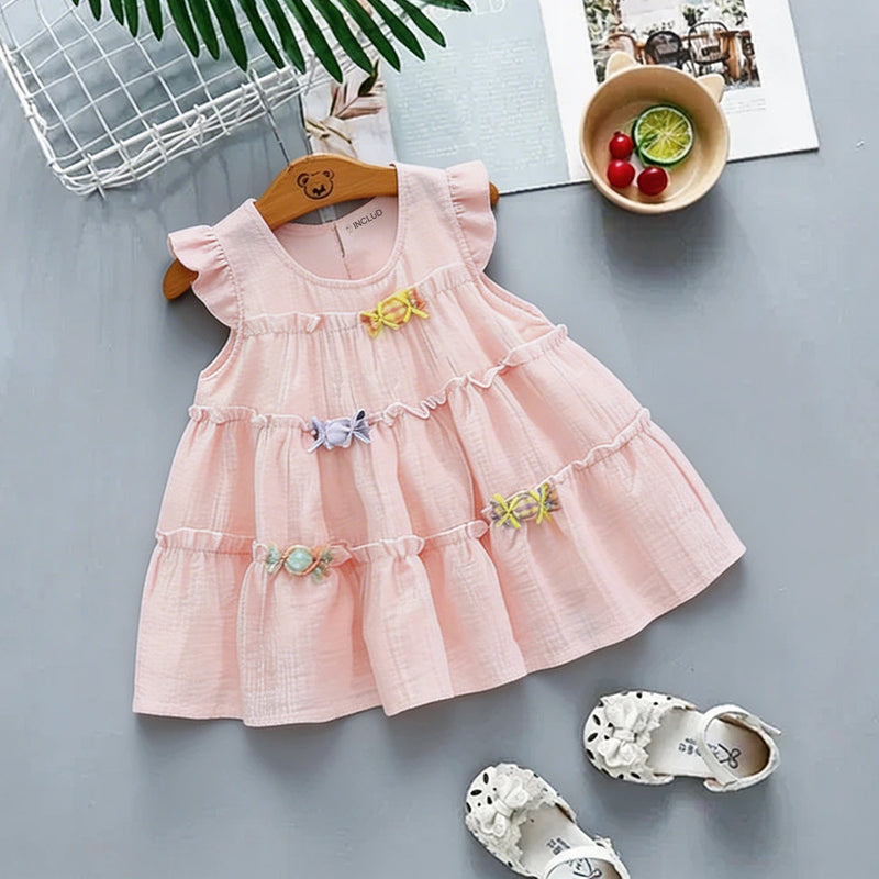 Girls Light Pink Candy Applique Tiered A-Line Dress Casual Dresses Light Pink 1-2 Y