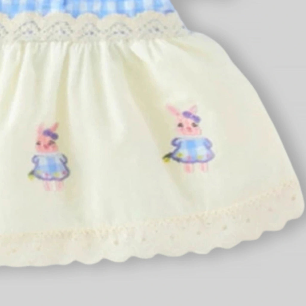 Girls Blue Gingham Checked Bunny Applique Fit & Flare Dress With Puff Sleeves Casual Dresses