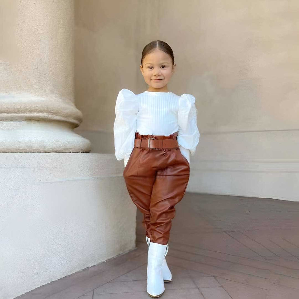 Girls Long Sleeve Top With PU Leather Pants Set