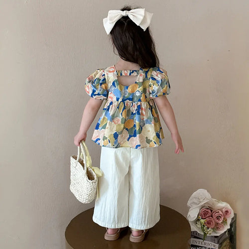 Girls Yellow Floral Print Puff Sleeve Top With Pants Sets Sets