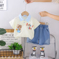 Boys Beige Bear Print Polo T-Shirt With Denim Shorts Sets Sets Beige 1-2 Y