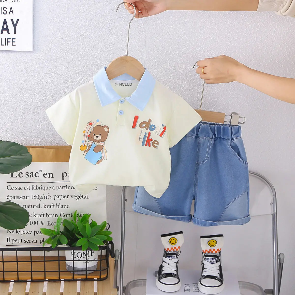 Boys Beige Bear Print Polo T-Shirt With Denim Shorts Sets Sets Beige 1-2 Y