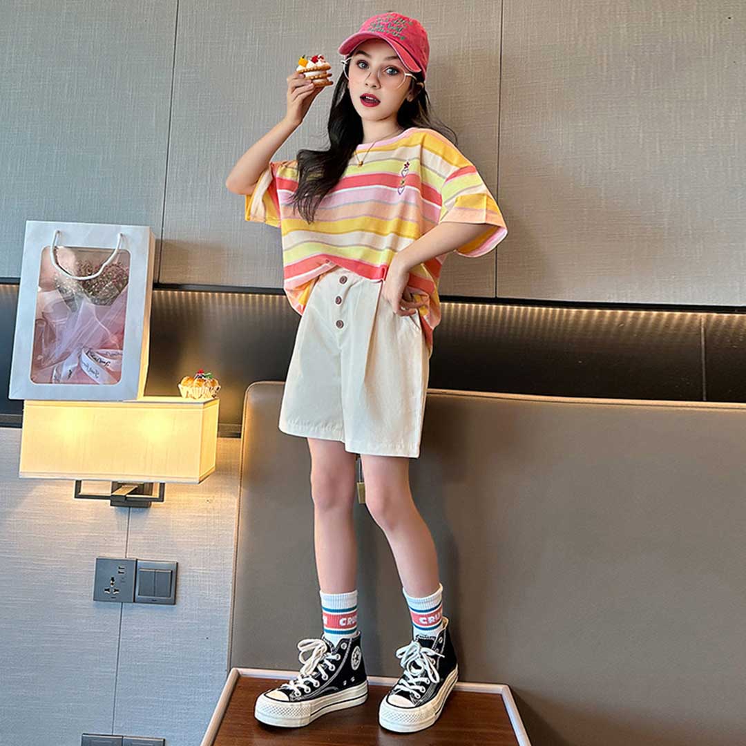 Girls Striped Short Sleeve T-Shirt With Shorts Set 2 pc. Sets   