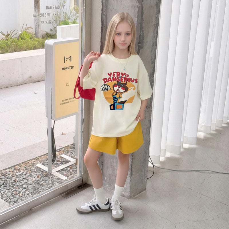 Girls Beige Graphic Jack-In-The-Box Oversized T-Shirt With Shorts Sets Sets Beige 5-6 Y