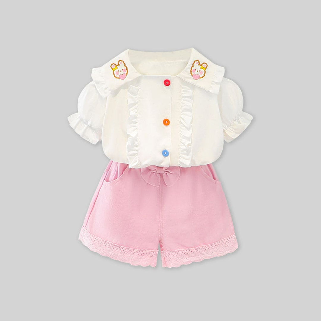 Girls White Collar Embroidery Top With Lace Bottom Shorts Sets   
