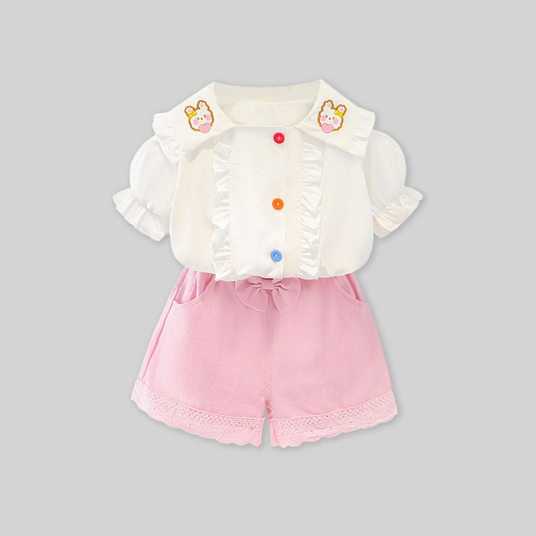 Girls White Collar Embroidery Top With Lace Bottom Shorts Sets   