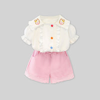 Girls White Collar Embroidery Top With Lace Bottom Shorts Sets   