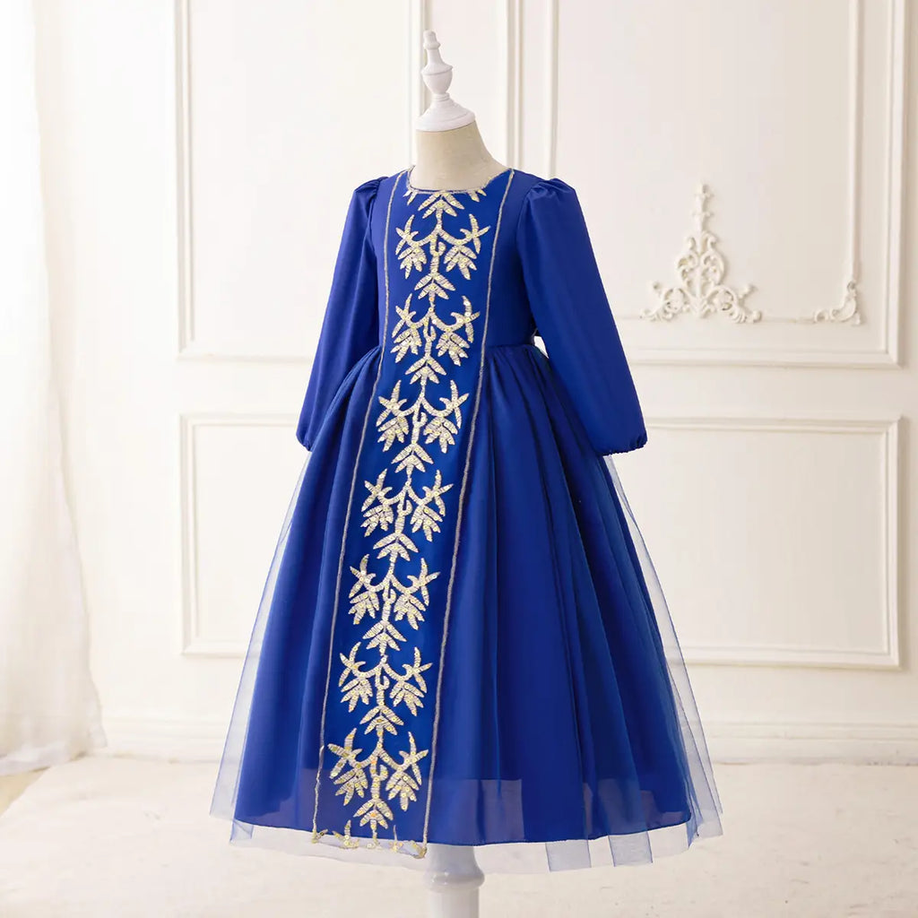 Girls Blue Embroidered Maxi Dress With Puff Sleeves Casual Dresses