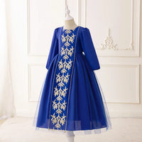 Girls Blue Embroidered Maxi Dress With Puff Sleeves Casual Dresses