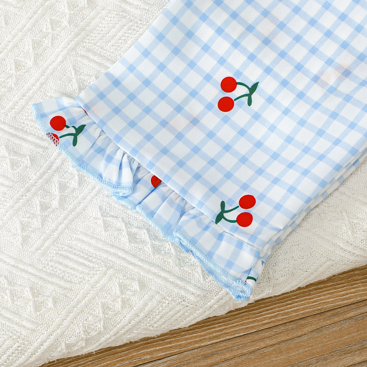 Girls White Cherry Embroidered Top with Checkered Pajama Set Sets