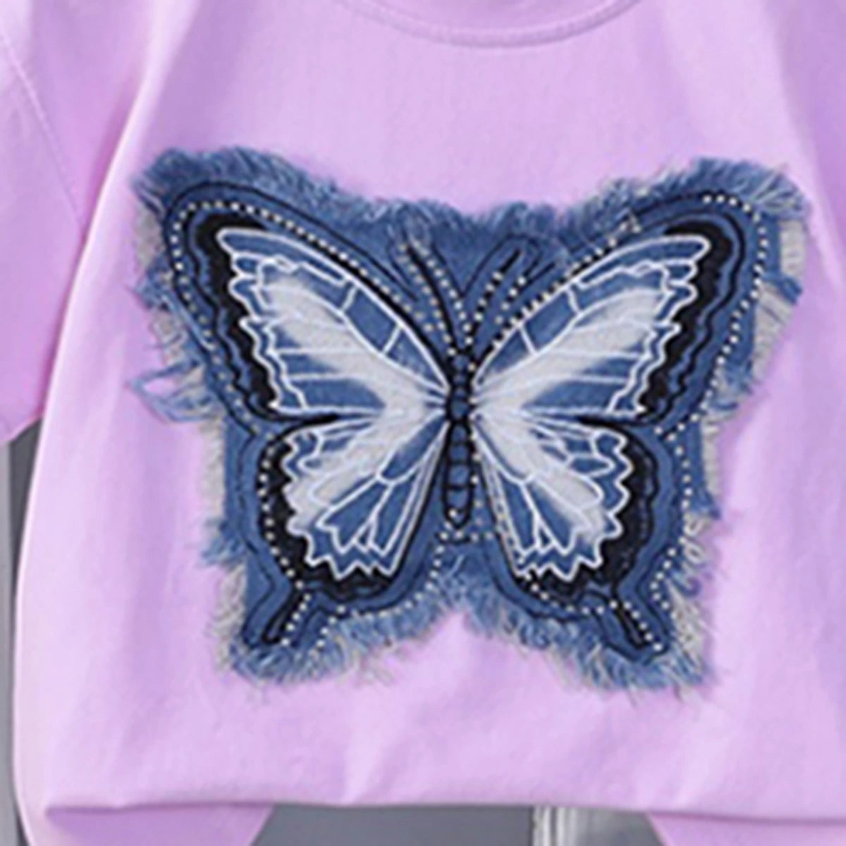 Girls Purple Butterfly Applique T-Shirt With Pleated Denim Shorts Set Sets