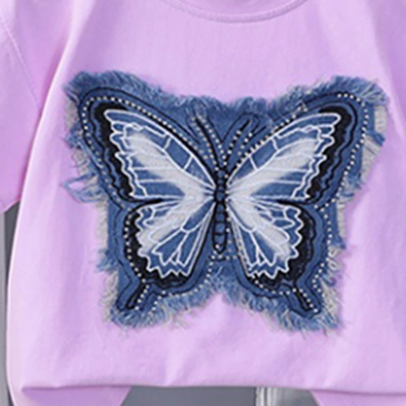 Girls Purple Butterfly Applique T-Shirt With Pleated Denim Shorts Set Sets