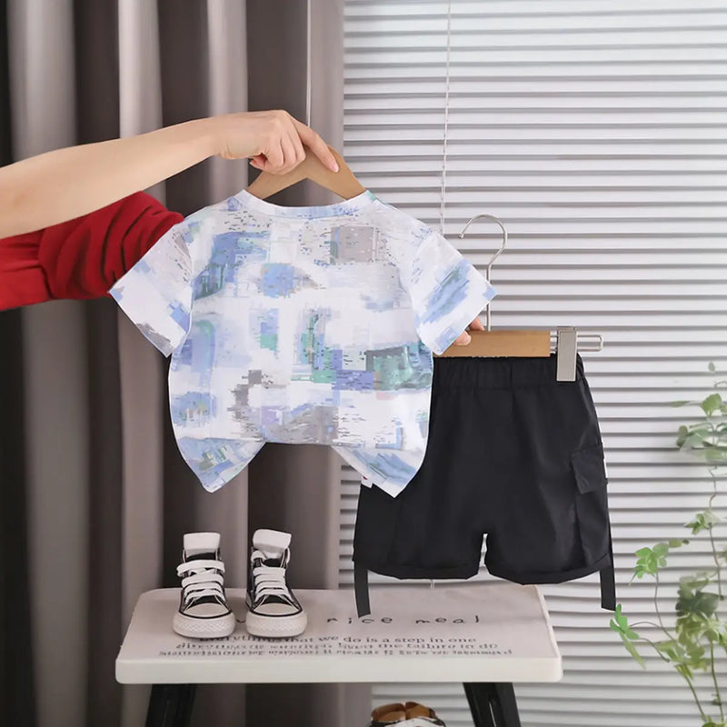 Boys Blue Abstract Print Short Sleeve T-Shirt With Elasticated Shorts Sets 2 pc. Sets