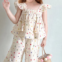 Girls Cream Polka Dot Print Flutter Sleeve Top With Pants Sets 2 pc. Sets