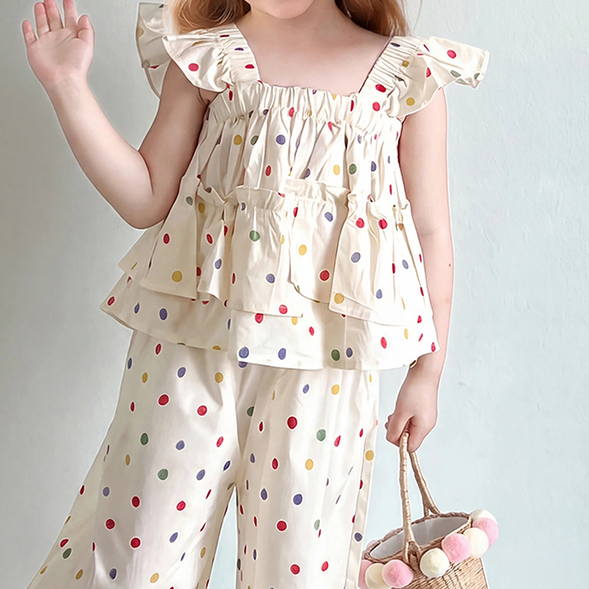 Girls Cream Polka Dot Print Flutter Sleeve Top With Pants Sets 2 pc. Sets