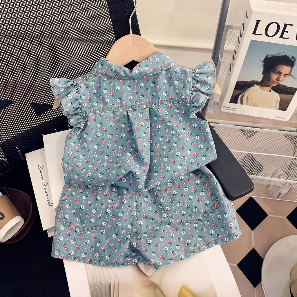 Girls Blue Floral Print Top With Elasticated Shorts Sets 2 pc. Sets