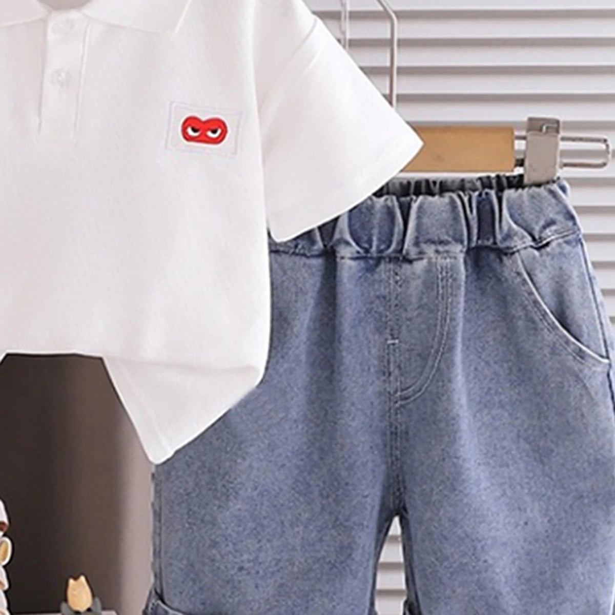 Boys White Short Sleeve Polo T-shirt With Denim Shorts Sets 2 pc. Sets