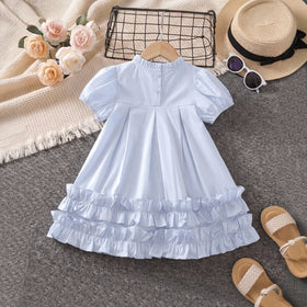 Girls Light Blue High-Neck Frilled Dress with Tiered Ruffle Hem Casual Dresses