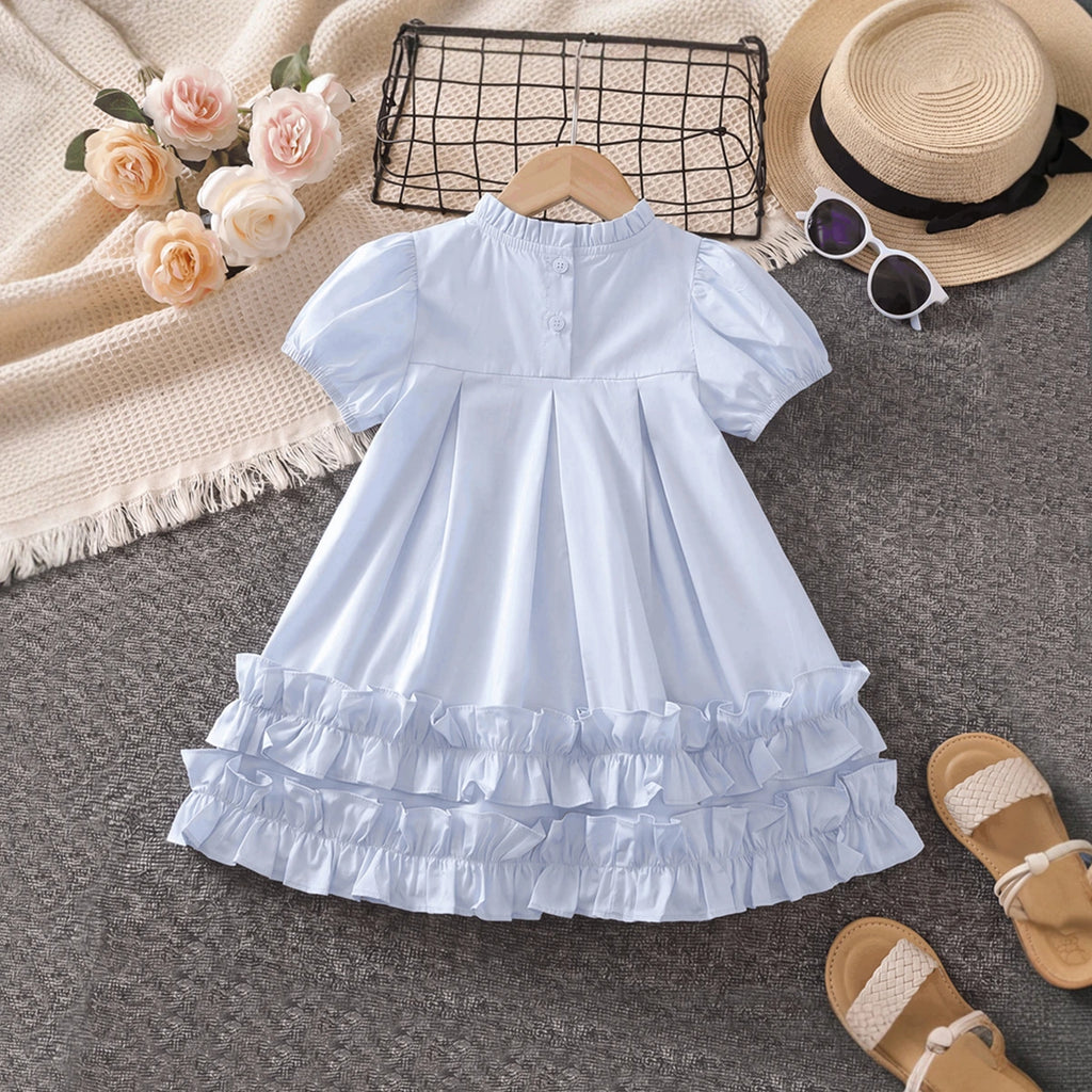 Girls Light Blue High-Neck Frilled Dress with Tiered Ruffle Hem Casual Dresses