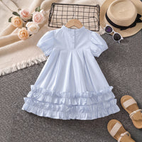 Girls Light Blue High-Neck Frilled Dress with Tiered Ruffle Hem Casual Dresses