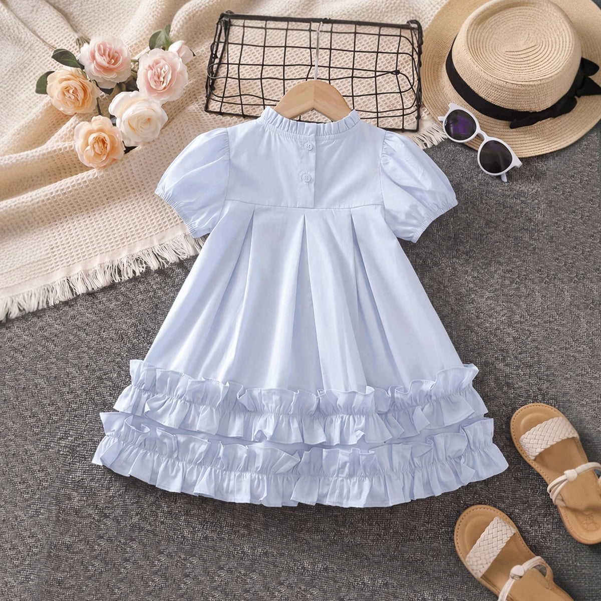Girls Light Blue High-Neck Frilled Dress with Tiered Ruffle Hem Casual Dresses