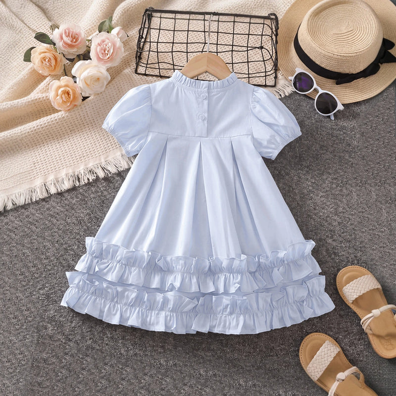 Girls Light Blue High-Neck Frilled Dress with Tiered Ruffle Hem Casual Dresses