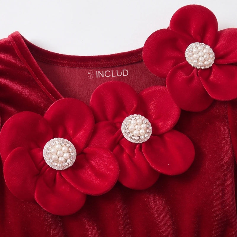 Girls Red Floral Applique Fit & Flare Dress Casual Dresses