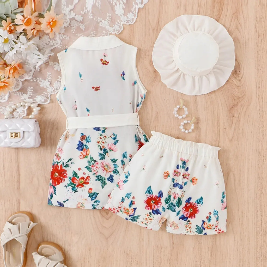 Girls White Floral Print Sleeveless Dress With Cami Top And Shorts Sets 3 pc. Sets