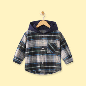 Boys Navy Blue Checked Long Sleeve Hooded Shirt Shirts Navy Blue 1-2 Y