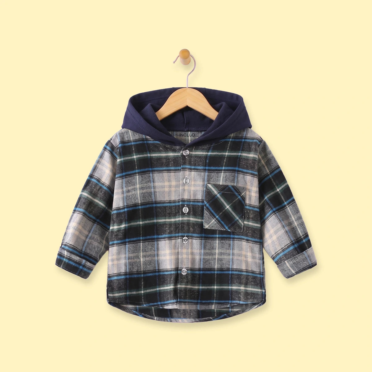 Boys Navy Blue Checked Long Sleeve Hooded Shirt Shirts Navy Blue 1-2 Y