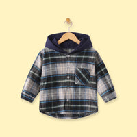 Boys Navy Blue Checked Long Sleeve Hooded Shirt Shirts Navy Blue 1-2 Y
