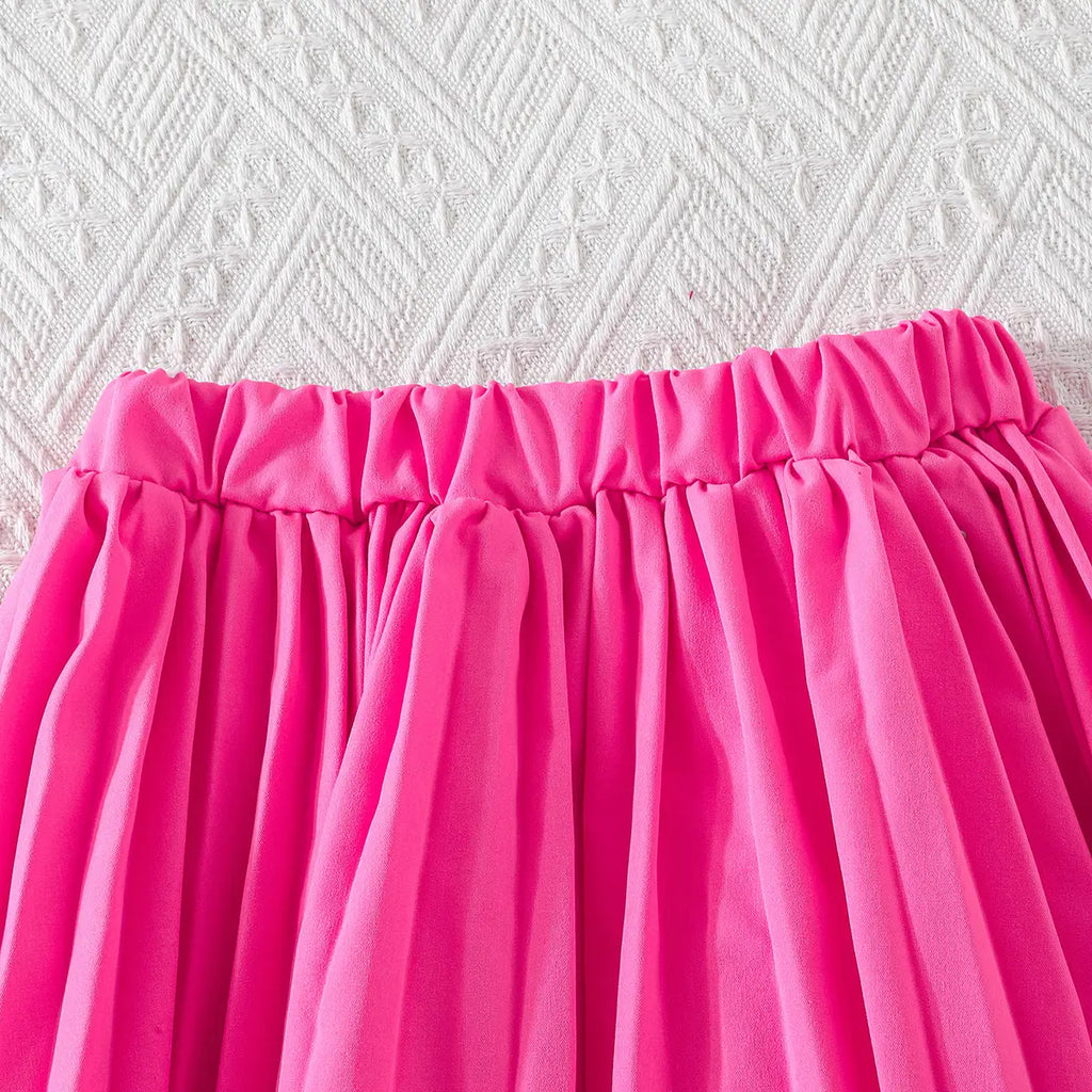 Girls Pink Flower Applique Short Sleeves Top With Pleated Skirts Co-ord Sets Sets