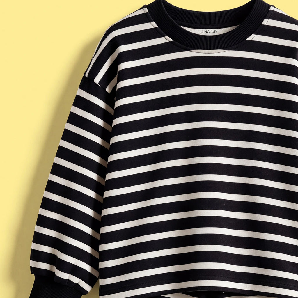 Girls Black Striped Sweatshirt & Pants Co-ord Sets Sets