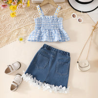 Girls Light Blue Checked Peplum Top With Distressed Denim Shorts Set Sets