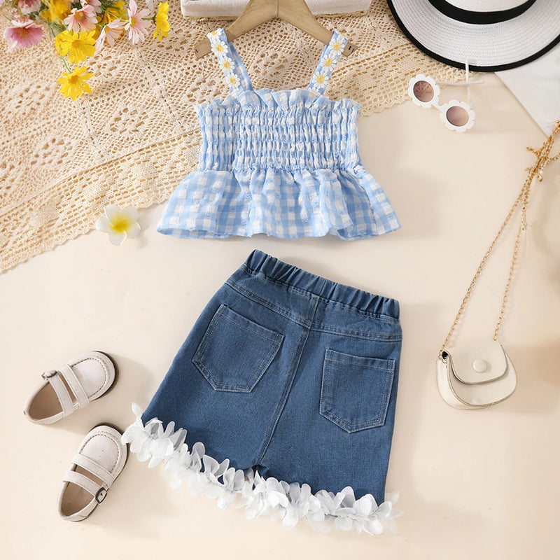 Girls Light Blue Checked Peplum Top With Distressed Denim Shorts Set Sets