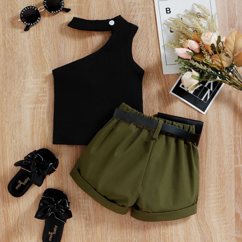 Girls Black Ribbed One-Shoulder Top With Elasticated Shorts Sets 2 pc. Sets