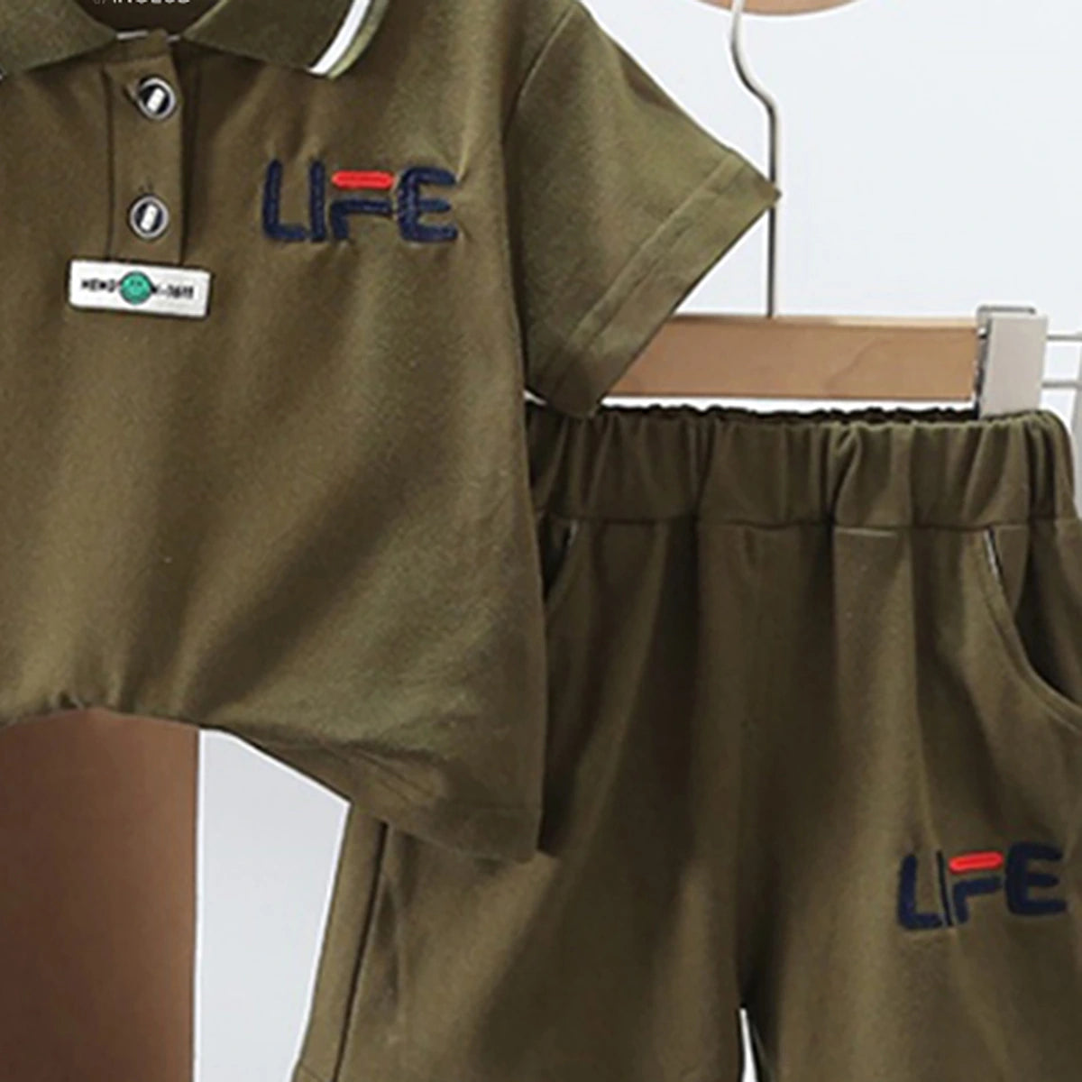 Boys Olive Green Typographic Printed Short Sleeve Polo T-Shirt With Elasticated Shorts Sets 2 pc. Sets