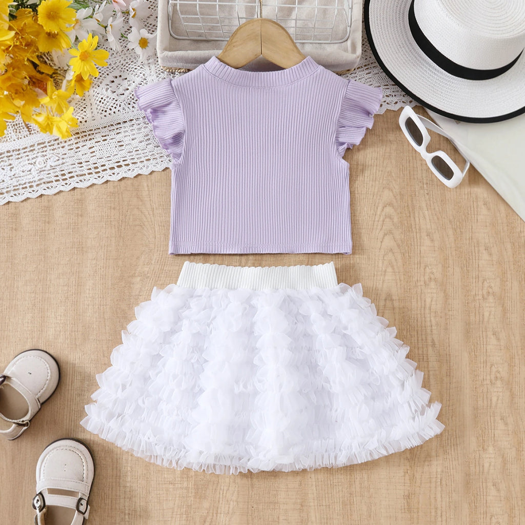 Girls Purple Pearl Embellished Top With Ruffled Tulle Skirts Set Sets