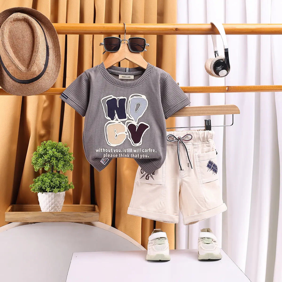 Boys Grey Typography Printed T-Shirt With Shorts Set Sets Grey 9-12 M