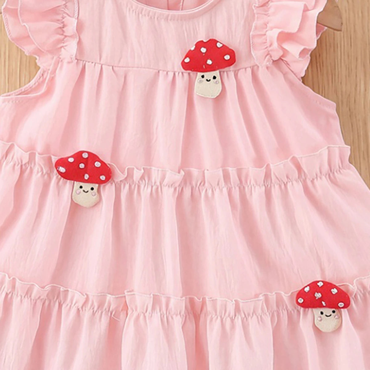 Girls Light Pink Mushroom Applique Flutter Sleeve Tiered Dress Casual Dresses