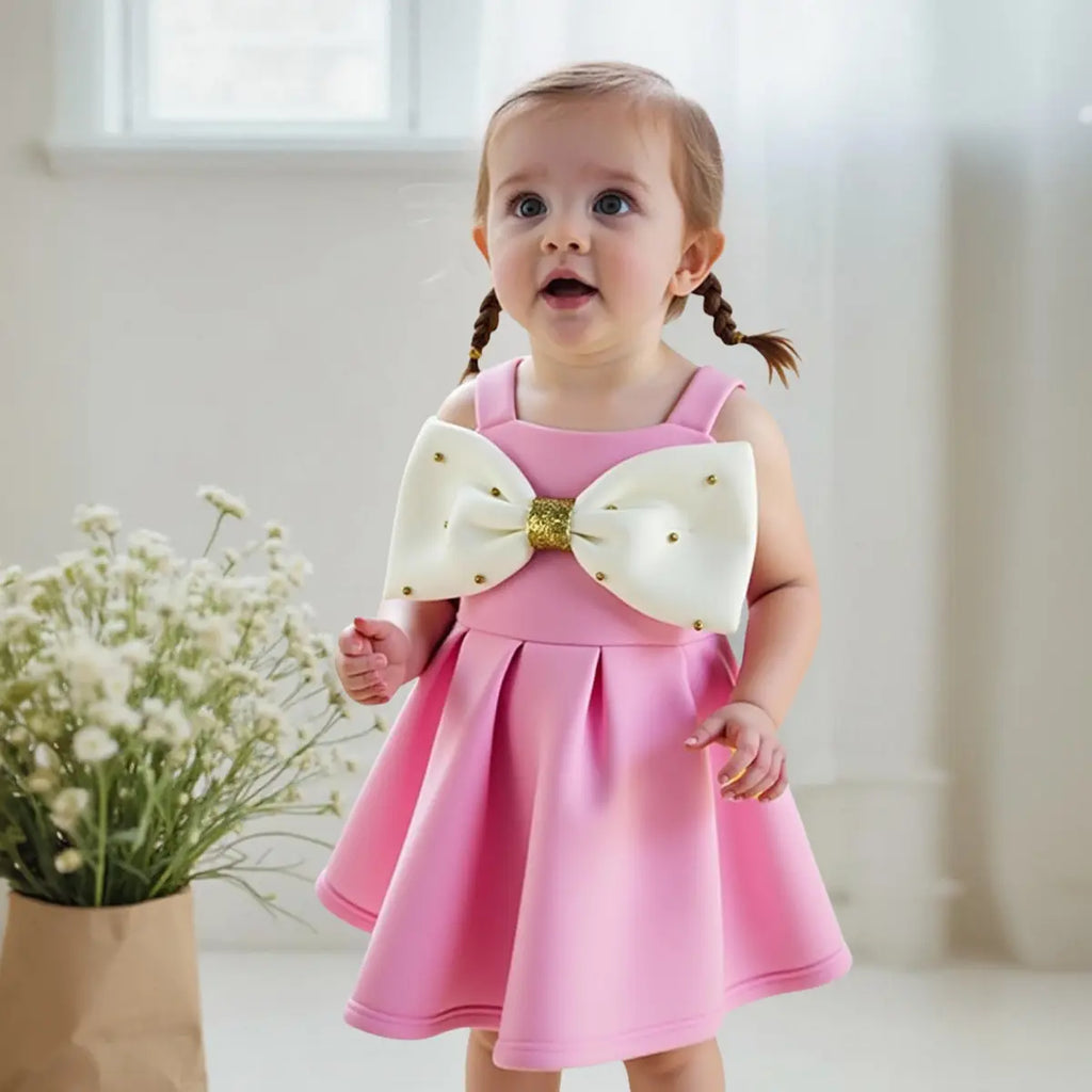 Girls Pink Sleeveless Fit & Flare Party Wear Dress With Embellished Bow Applique Party Dresses
