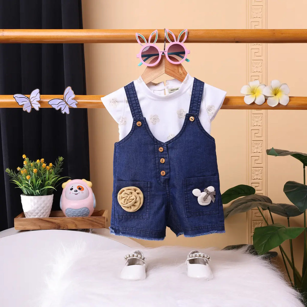 Girls Dark Blue Denim Dungaree Printed Short Sleeve T-Shirt Sets 2 pc. Sets Dark Blue 9-12 M