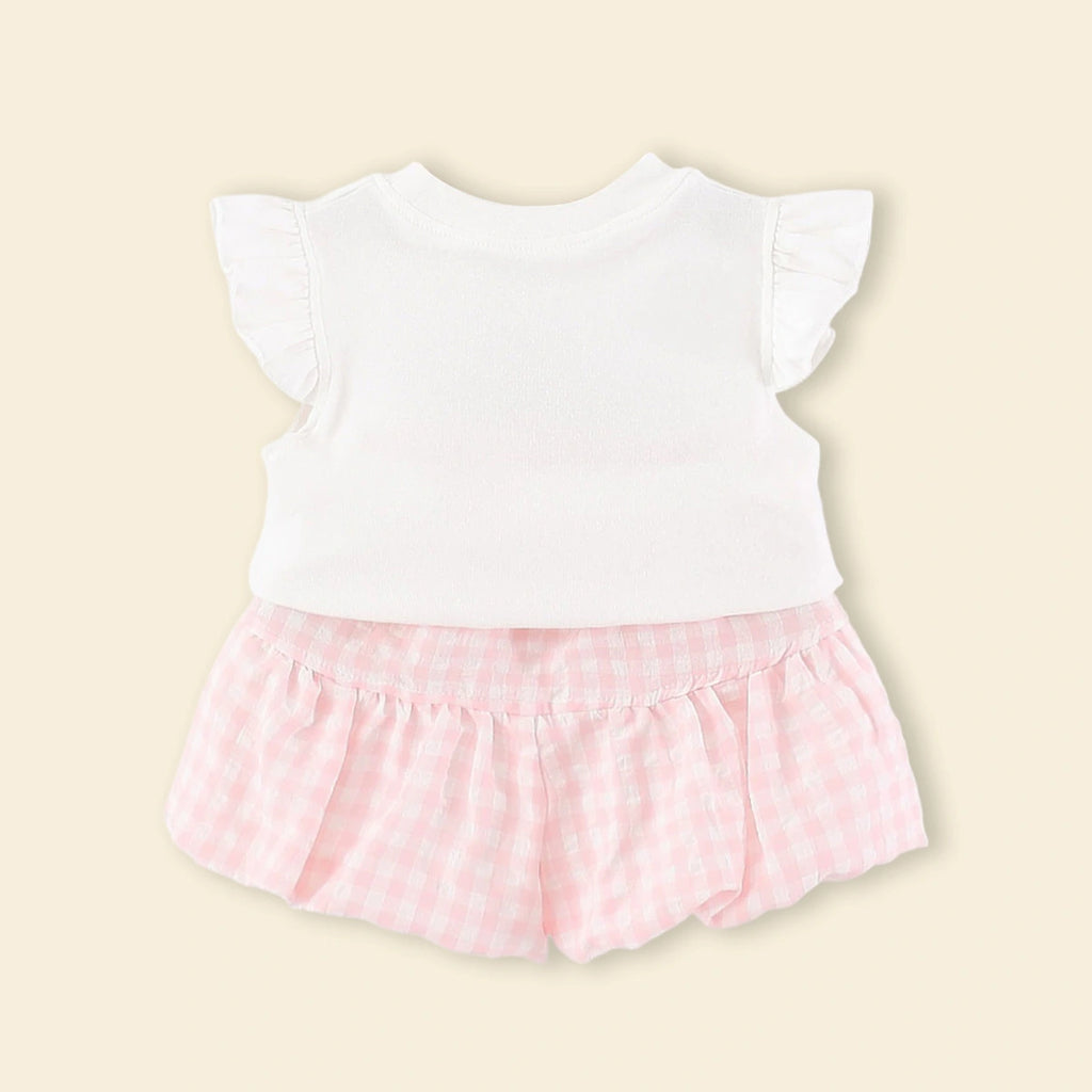 Girls White Duck Applique Top With Checked Shorts Sets Sets
