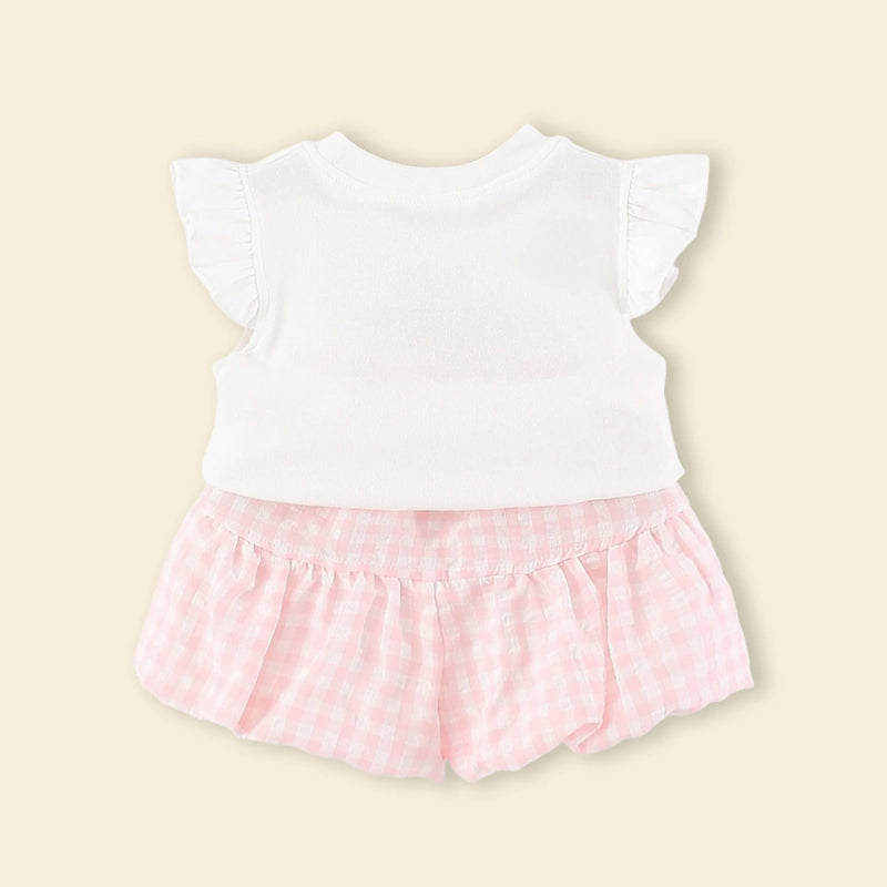 Girls White Duck Applique Top With Checked Shorts Sets Sets