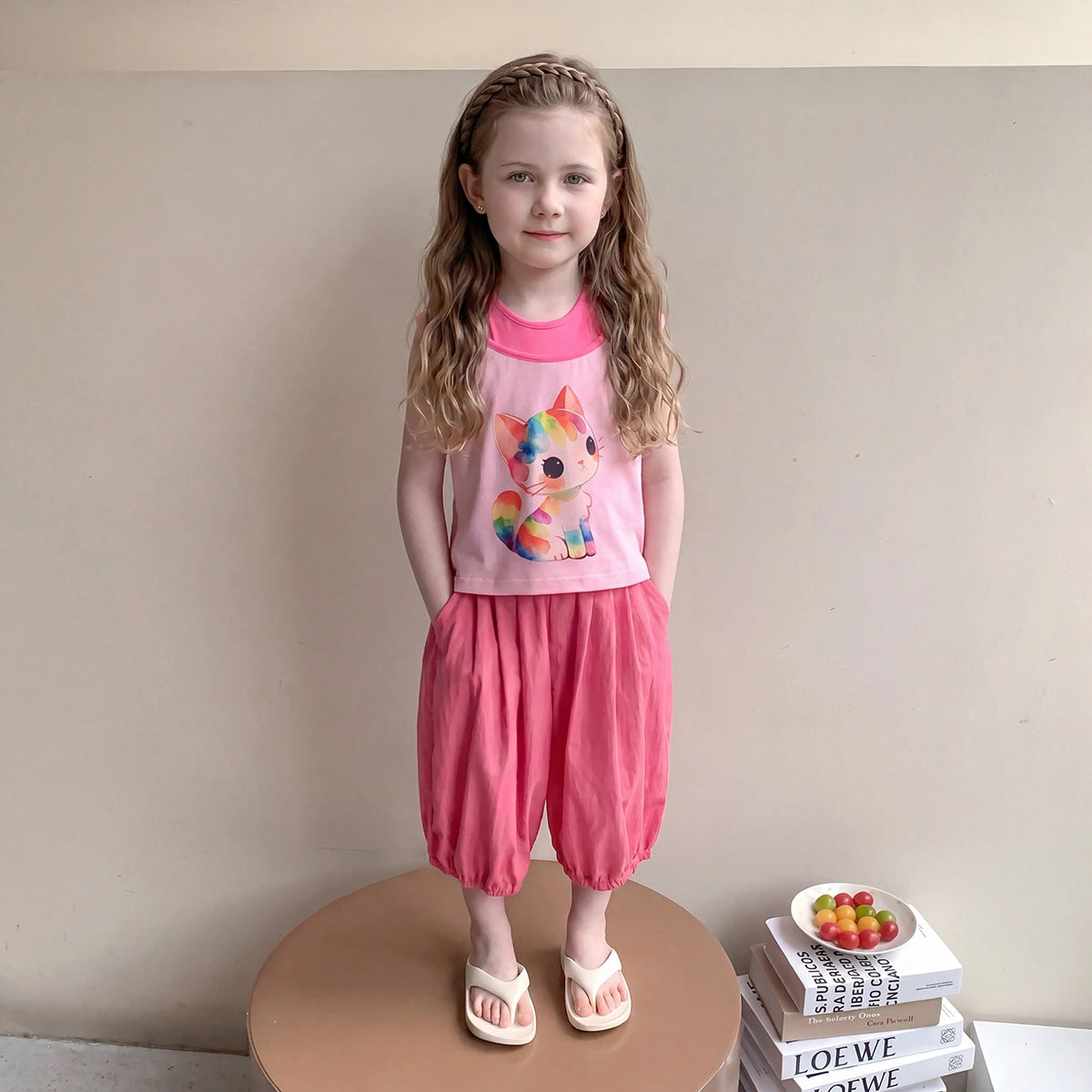 Girls Pink Cat Graphic Sleeveless Top With Elasticated Pants Sets 2 pc. Sets Pink 1-2 Y