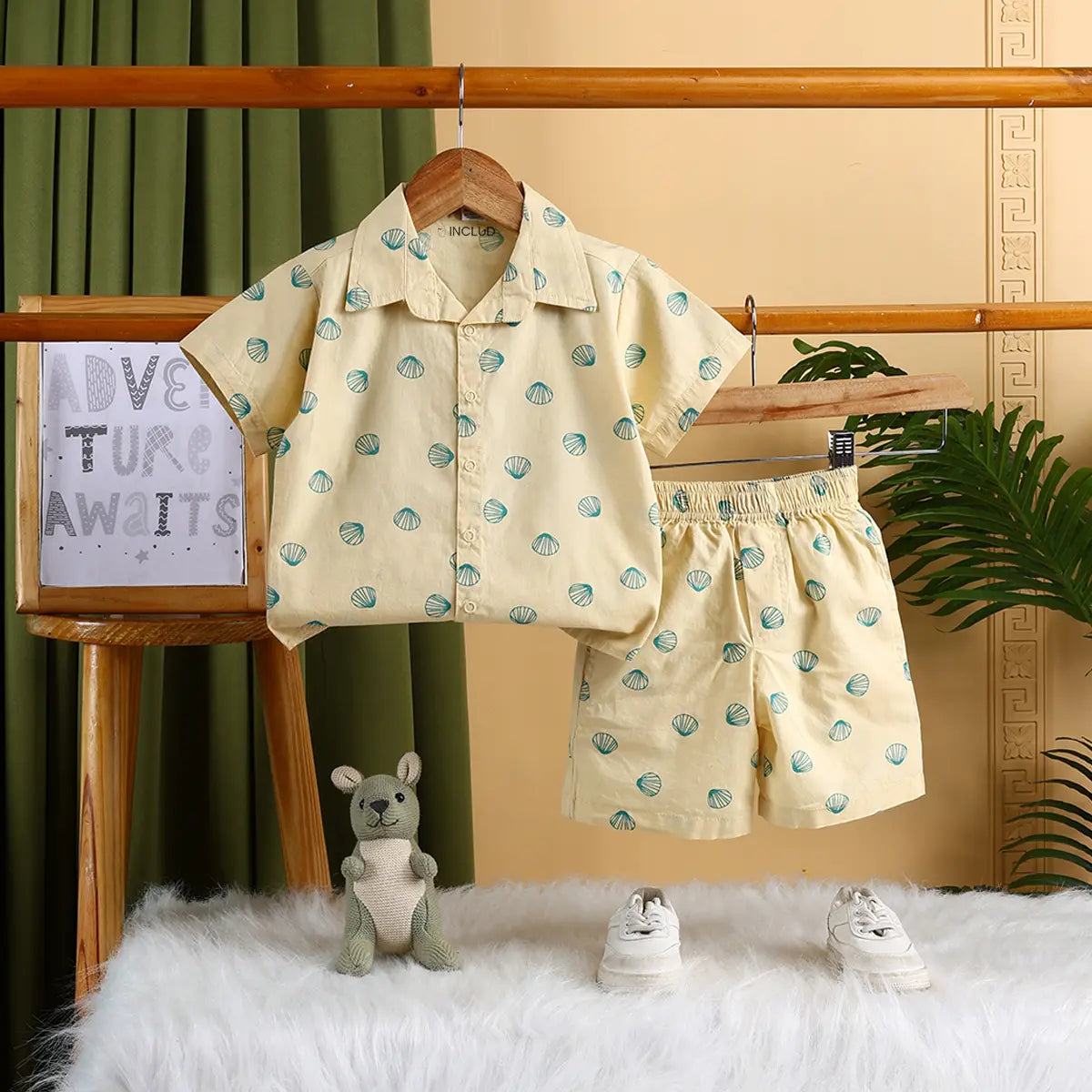 Boys Yellow Seashell Printed Short Sleeve Shirt With Printed Elasticated Shorts Set Sets Yellow 6-9 M